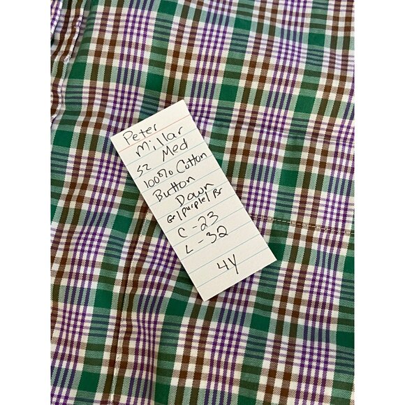 Peter Millar Mens Green Purple Plaid Button-Up Shirt Medium 100% Cotton Long Sle - Picture 9 of 9